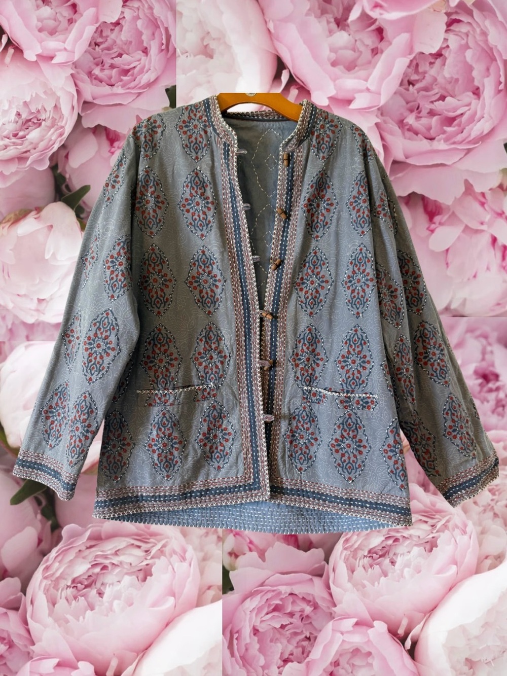 Reversible Jacket Indian Block Printed Blue Grey Unbranded Pockets